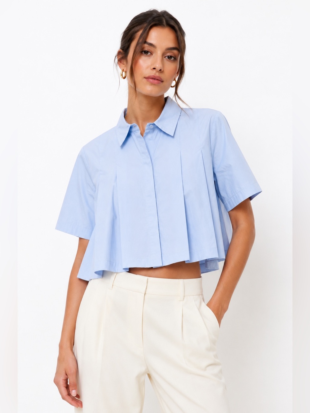 Zara Light Blue Pleated Cropped Button-Up Top NWT Size Medium
